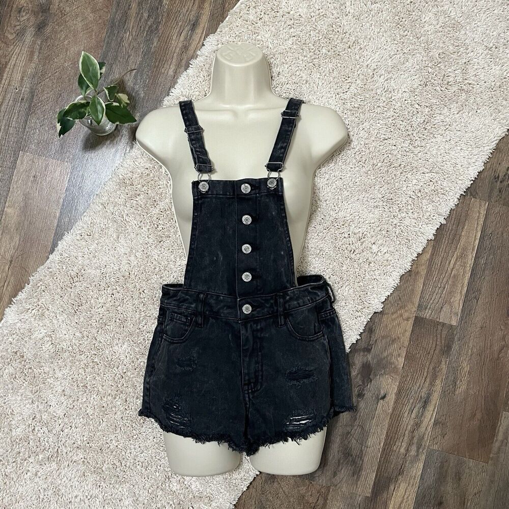 Pacsun Size 23 Black Stone Wash Distressed Button Front Denim Overalls